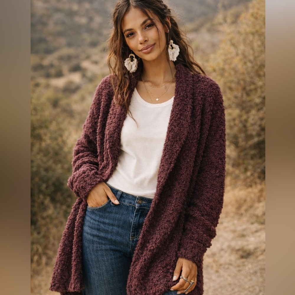 Free People Dreamy Day Cardigan Oversized Bouclé Cozy Plum XS